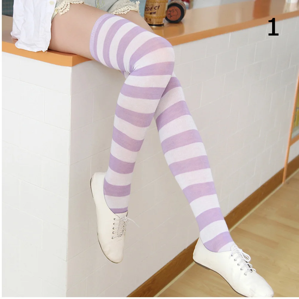 Chaussettes en coton à rayures longues pour femmes et filles, imprimées sur le genou, hauteur des cuisses, douces et mignonnes, grande taille, 22 couleurs