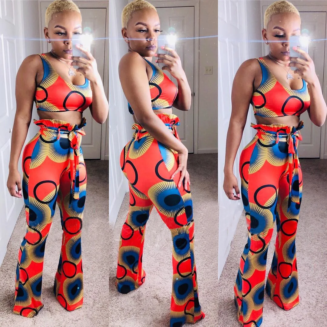 

Geometric Print Sexy Two Piece Tracksuit Women Clothes O Neck Sleeveless Crop Top+Bodycon Flare Pant Sweatsuit 2Pcs Matching Set