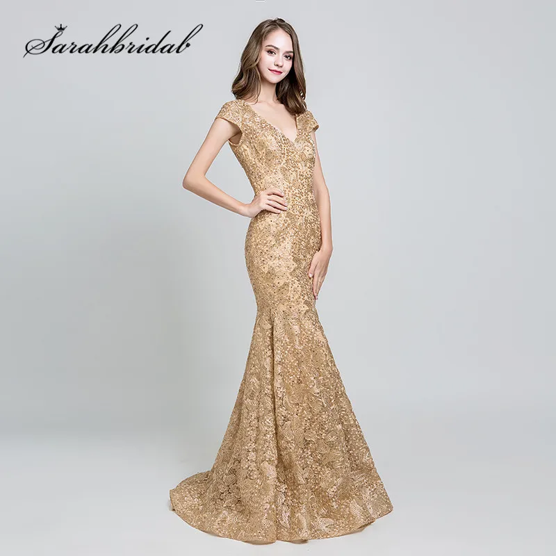Elegant Evening Dresses Long Gold Lace Embroidery Sexy V Neck Backless Short Sleeves Mermaid Mother of the Bride Formal Gowns