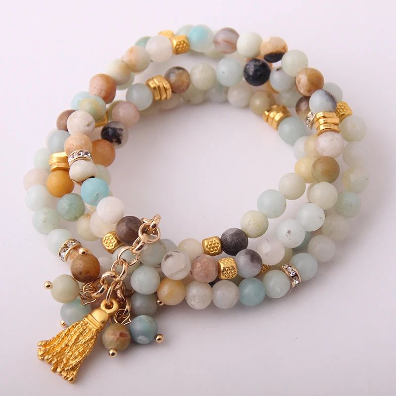 

New Design Energy Bracelets 6mm Amazonite Natural Stone Metal Tassel Bracelet