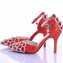 Red Rhinestone Crystal Wedding Shoes Pointed Toe Bridal High Heel Shoes with Ankle Strap Women Pumps Wedding Party Prom Shoes