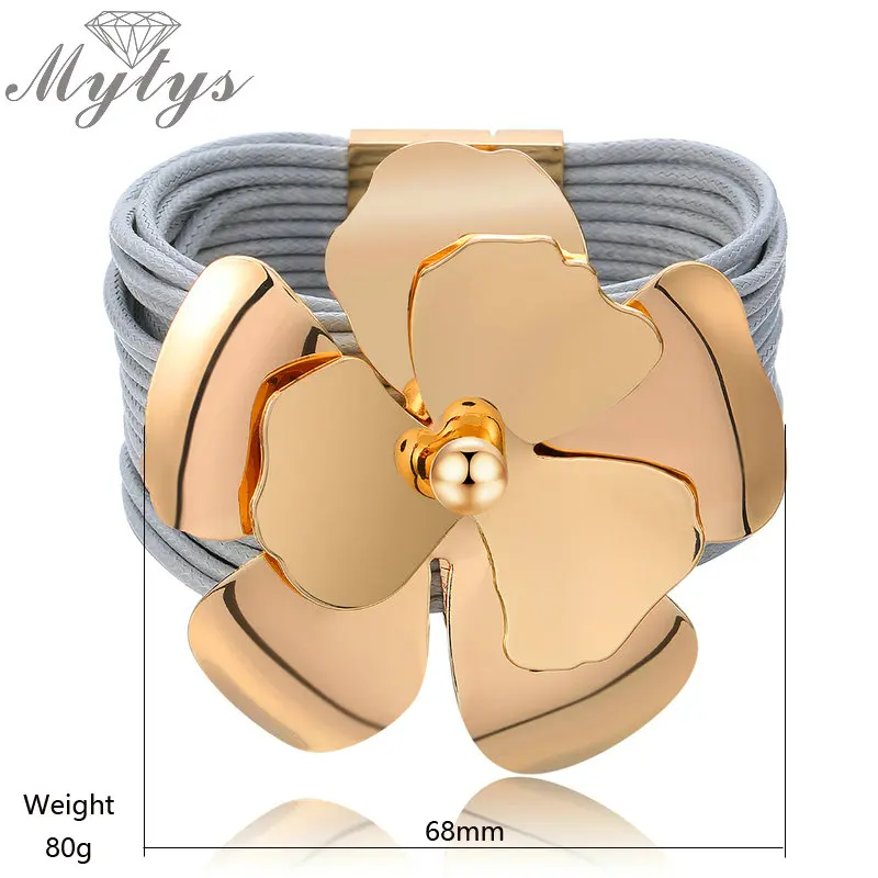 Mytys многослойный веревочный кожаный браслет с цепочкой для женщин модный широкий браслет большой металлический цветок модные магнитные украшения застежка B1099 B1100