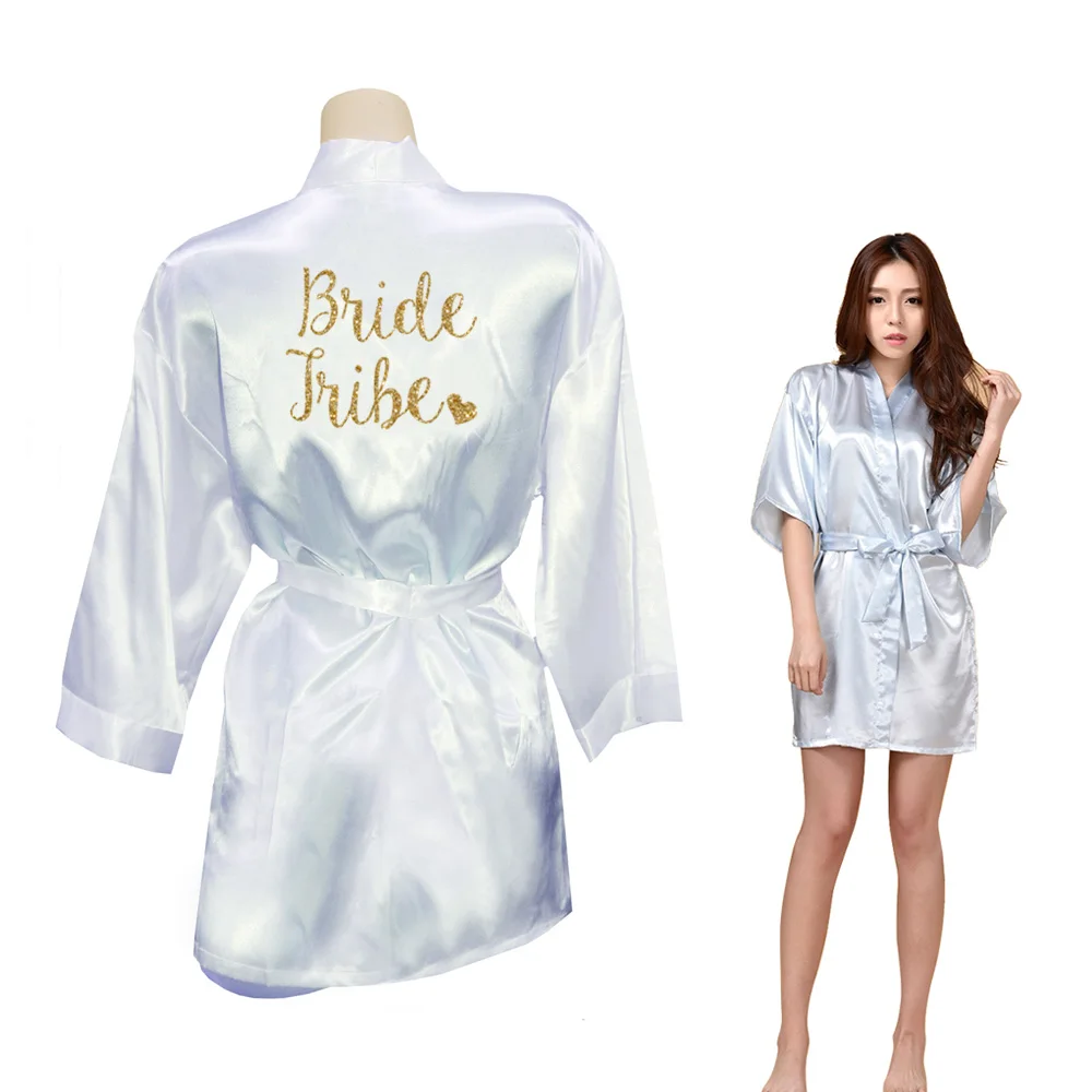 Light Blue Для женщин кимоно халаты из искусственного шелка невесты надпись «Bride Tribe» в форме сердца золотой с блестками, платья с принтом для мальчиков и девочек с надписью Preparewear - Цвет: Light Blue