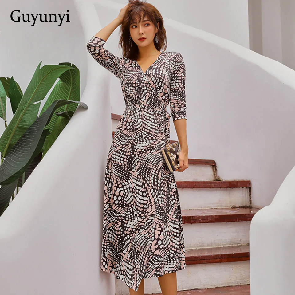

Elegant Vintage Dress Autumn 2019 High Waist Wrap Dress Half Sleeve Small Sexy V-Neck Asymmetrical Party Women's Dresses