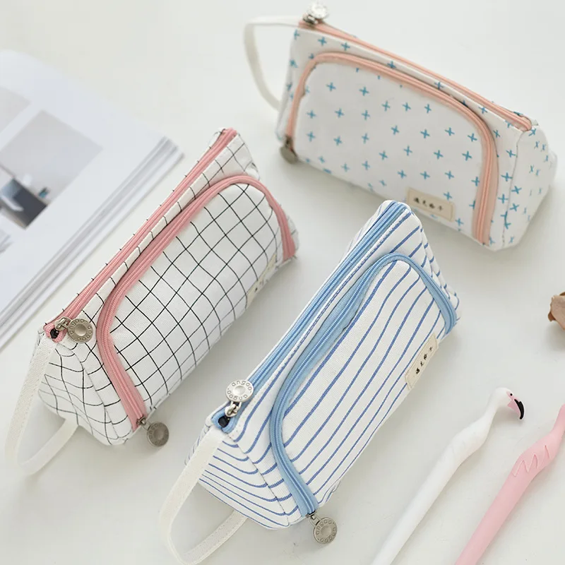 Kawaii Large Capacity School Pencil Case Portable Grid Strip Pen Bag ...