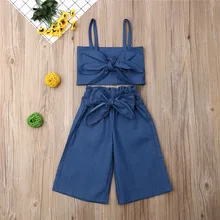Летние комплекты одежды для маленьких девочек; джинсовые топы с синим ремешком и штаны; комплект одежды; костюмы