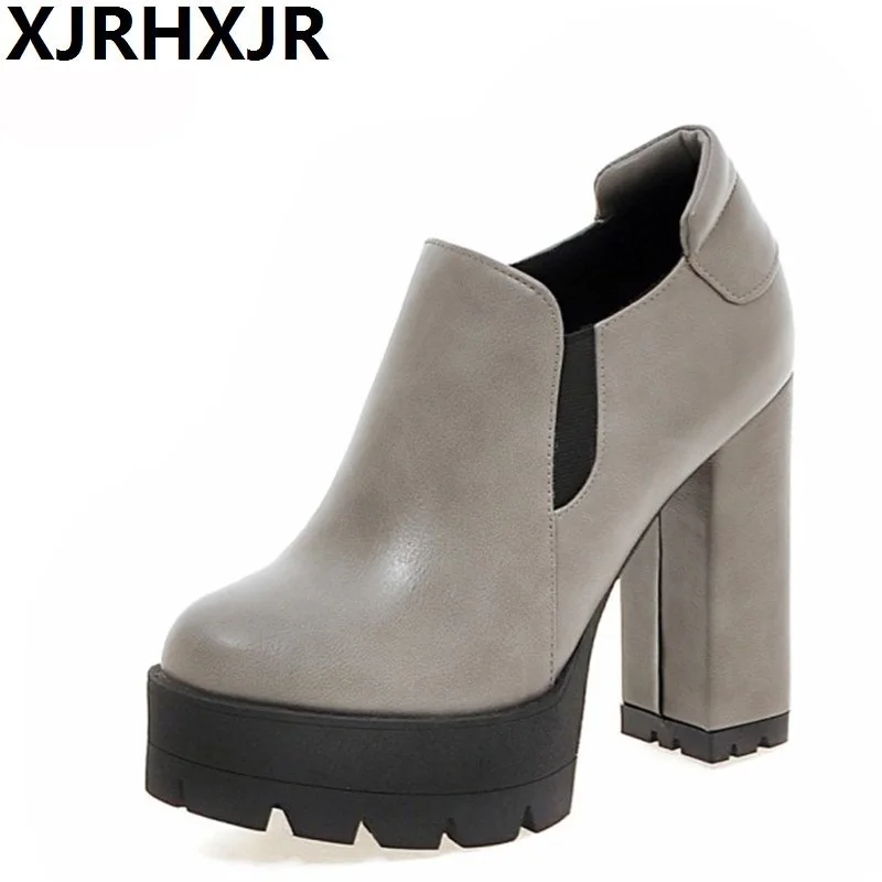 

XJRHXJR Spring Autumn Single Shoes Woman Fashion Square Heel Round Toe Party Wedding Pumps Ladies High Heels Platform Shoes