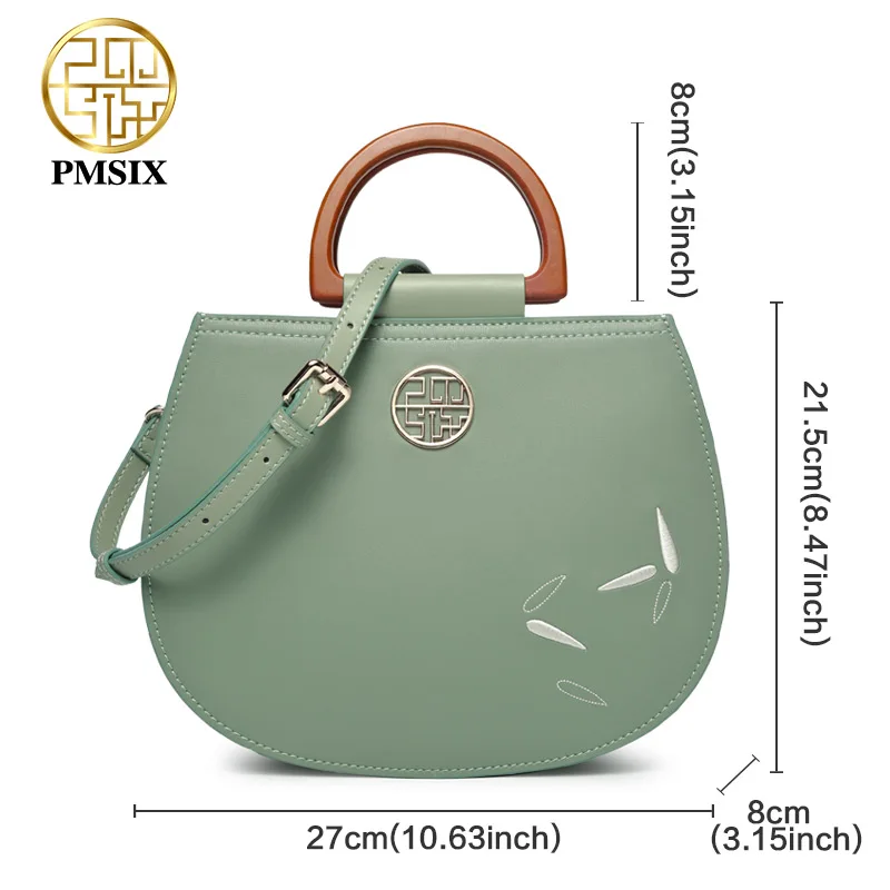 Pmsix Известный дизайнерский бренд womens'bag зеленые сумки из коровьей кожи с деревянной ручкой сумки-мессенджеры с вышитыми цветами