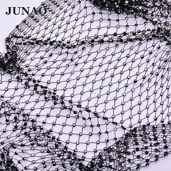 

JUNAO 1 Meter 36 Row Elastic Black Glass Rhinestone Trim Mesh Clear Crystal Fabric Sewing Strass Ribbon Applique Dress Crafts