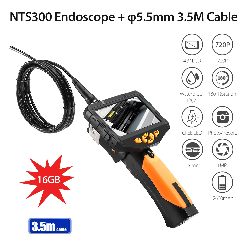 

5.5mm borescope Camera New NTS300 4.3" color LCD Display Monitor Inspection Endoscope 6 LEDS Borescope 3.5M Snake Tube Camera