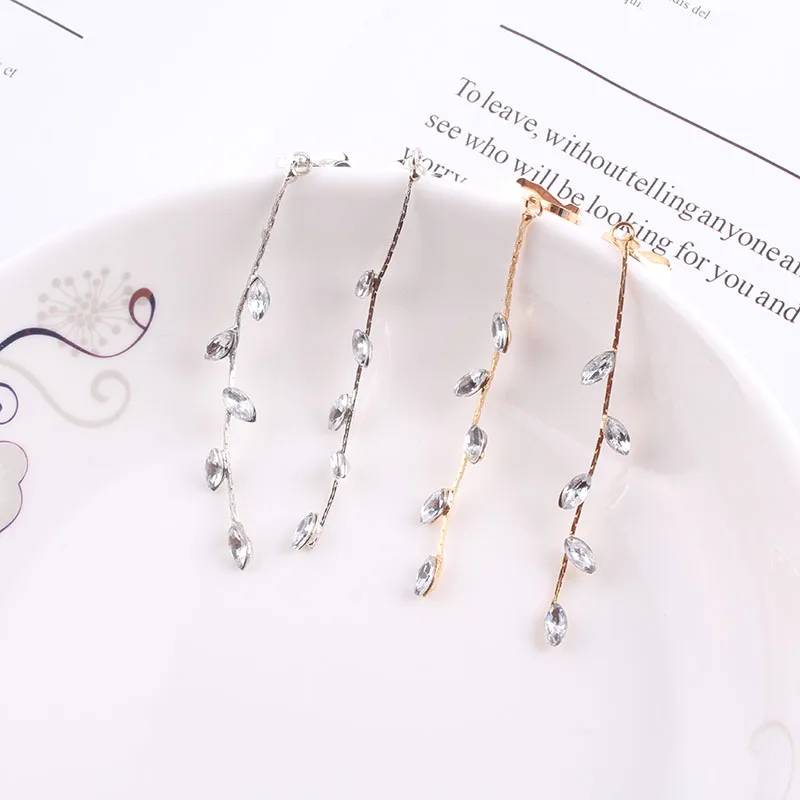 Ear clip earrings charm long crystal rhinestone statement clip on for girls wedding