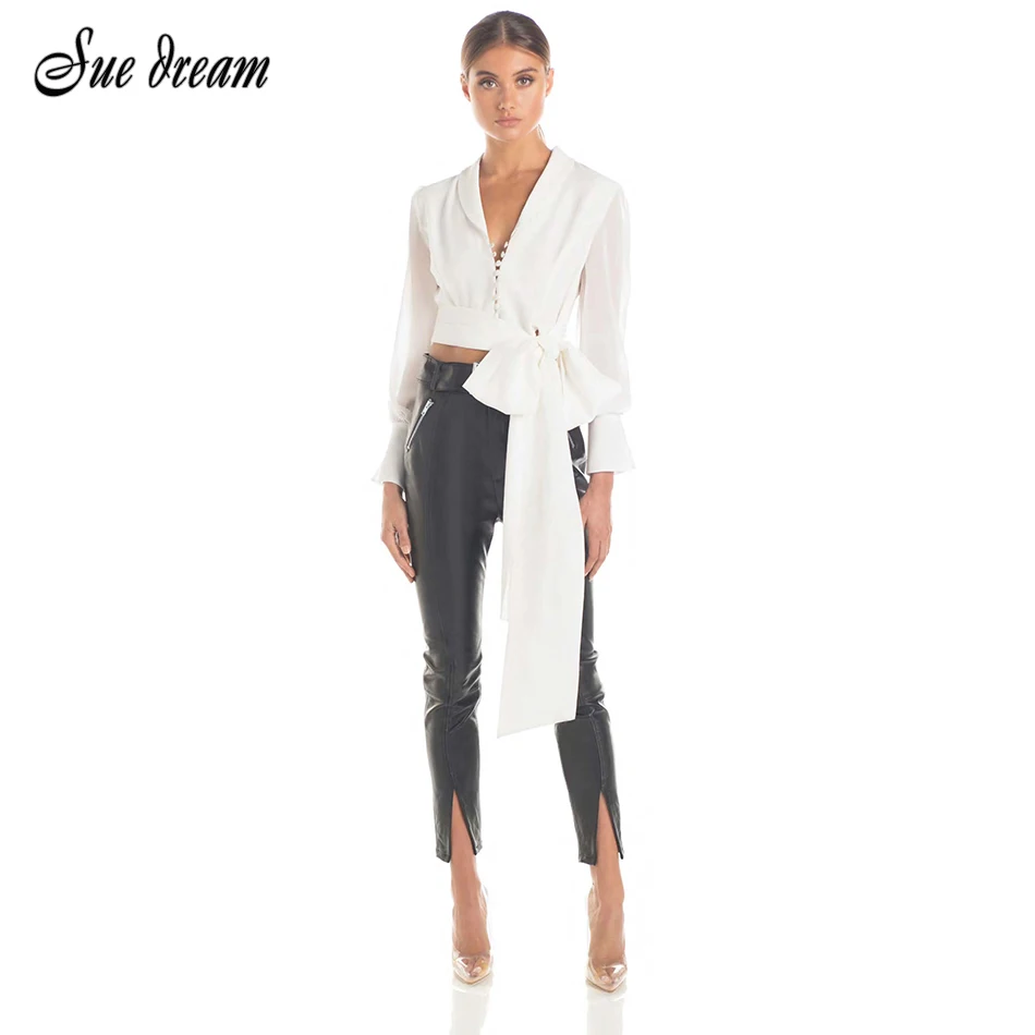 

2019 new summer women's solid women's long mesh sleeves V-neck shirt with bow white sexy casual ladies shirt wholesale