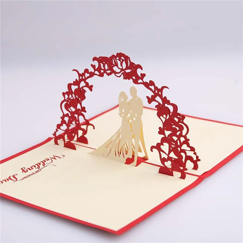 20 шт./лот) 3D Pop Up Жених и невеста свадебные приглашения карты Винтаж красное сердце приглашения на свадьбу с конвертом IC106