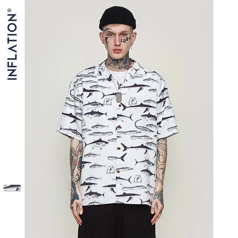 INFLATION Мужская гавайская рубашка, мужские повседневные пляжные рубашки с графическим принтом рыбы, уличная одежда с коротким рукавом, брендовая одежда в стиле хип-хоп 9229S