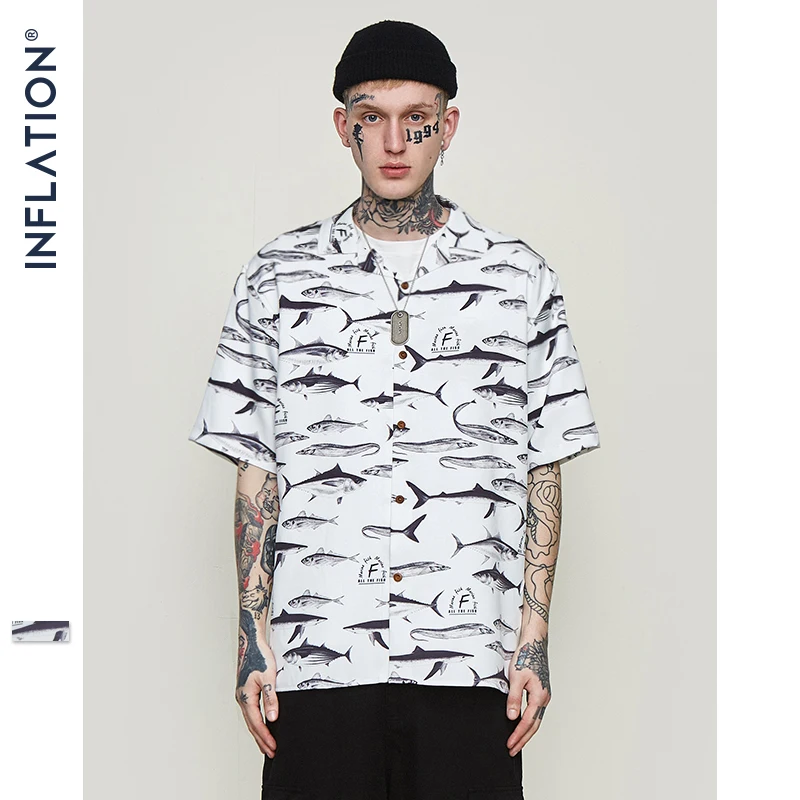 INFLATION Mens Hawaiian Shirt Male Casual Fish Graphic Printed Beach Shirts Short Sleeve Streetwear Hip hop Brand Clothing 9229S INFLATION Mens Hawaiian Shirt Male Casual Fish Graphic Printed Beach Shirts Short Sleeve Streetwear Hip hop Brand Clothing 9229S