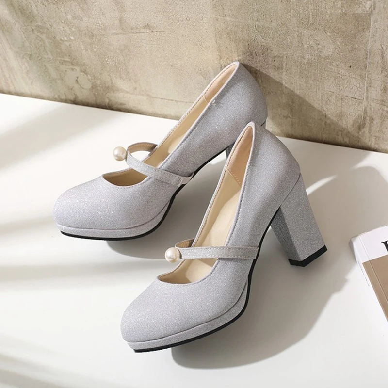 Cm Jane Bouche Haute Profonde Perle Chaussures chaussures Avec Hauts Épais Ronde Mary kaki Talons Paillettes Argent Peu 7 À qYdqwO