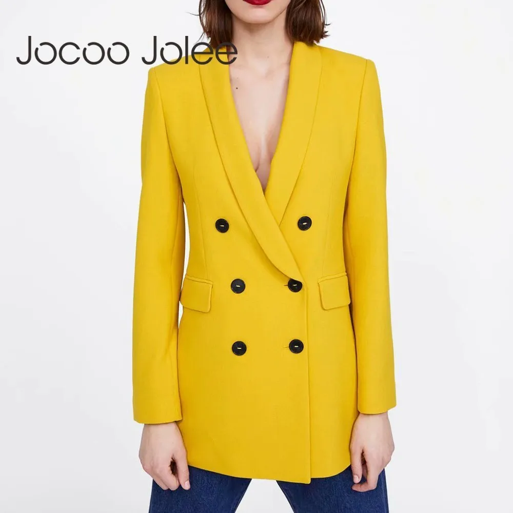 

Women 2019 Fashion Blazers and Jackets Autumn Long Sleeve Double Breasted Blazer Female Yellow Elegant Suit Office Clothes