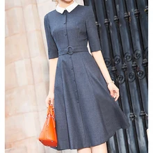 Летнее платье женское винтажное элегантное платье для вечеринок женское платье средней длины с рукавом до локтя и воротником Питер Пэн однотонное платье с поясом