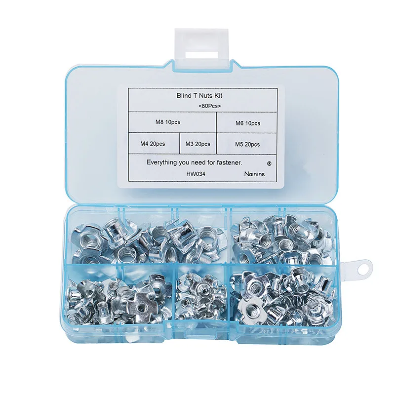 80Pcs/set M3 M4 M5 M6 M8 Zinc Plated Four Claws Nut Speaker Nut T nut