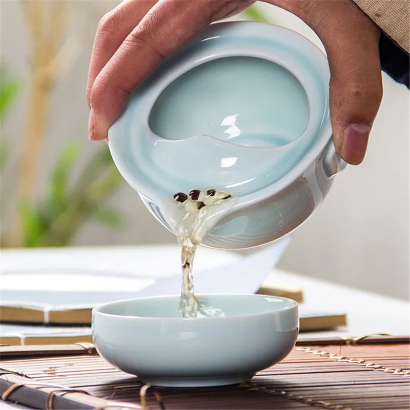 

High quality elegant gaiwan,Celadon 3D Carp Kung Fu Tea set Include 1 TeaPot 1 TeaCup,Beautiful and easy teapot kettle.