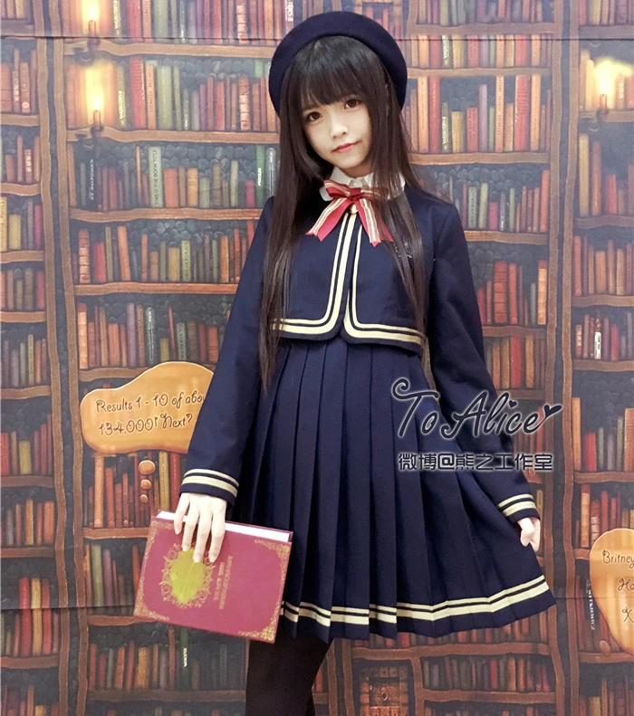

Japanese School Student JK Uniform Style 2pcs Set: Winter Short Coat Golden Trim + Jumper Pleated Dress Navy Blue with Bow Cute