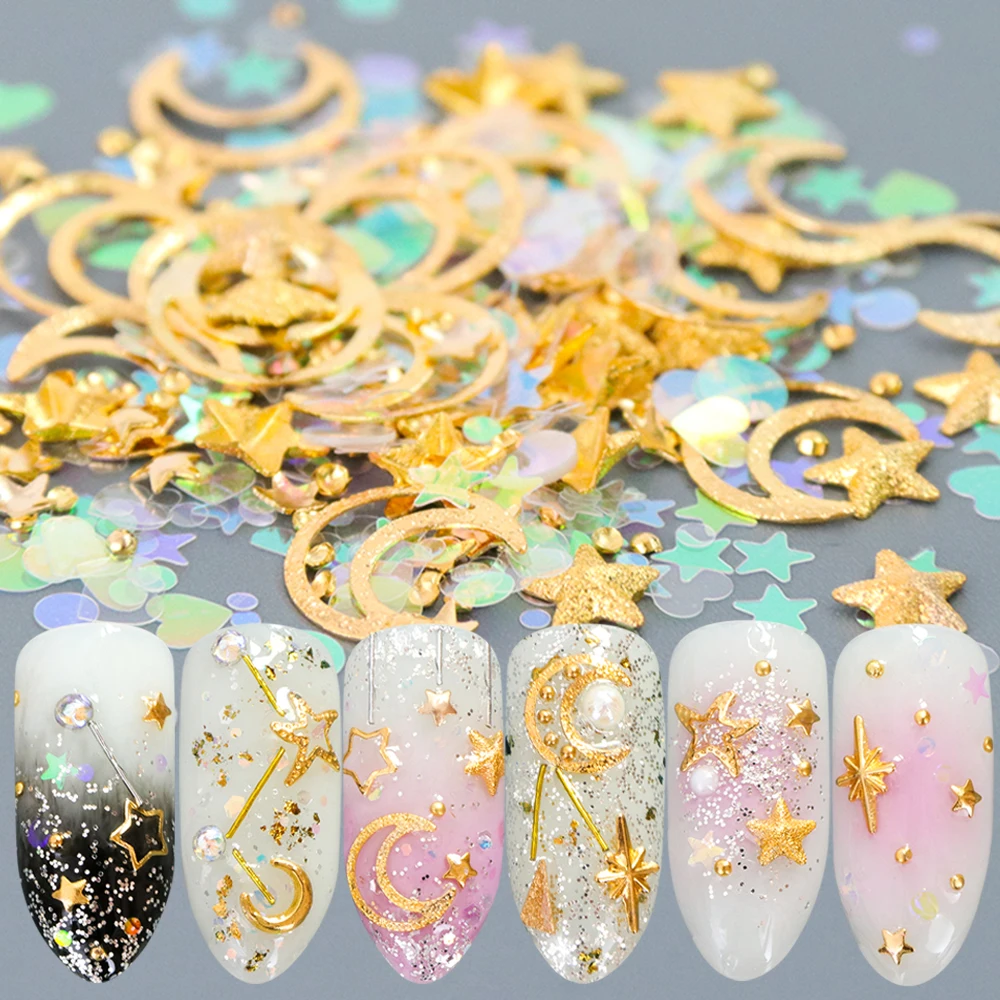 Full Beauty Metal Copper 3D Nail Art Star Moon Designs Gold Silver Aolly Rivet Studs for Nails Tips Decorations Flakes CH682|Стразы и