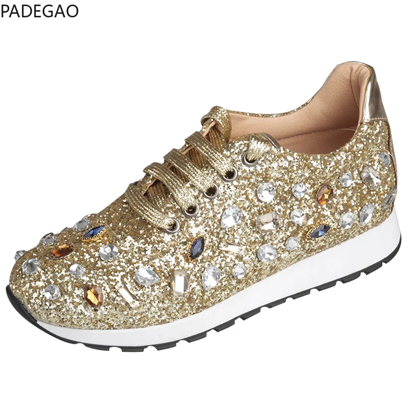 

New Rhinestones Sneakers Women Shoe Laces Paillette Spell Color Flat Shoes Ladies Real Leather Causal Shoes Woman