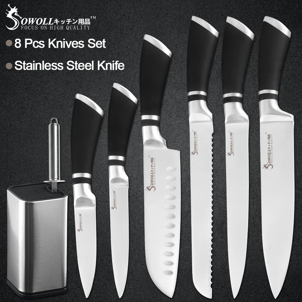 Meilleur Sowoll 8 pièces En Acier Inoxydable Ensemble de Couteaux 8 Support de Couteau + Taille Crayon Bar Chef Trancher le Pain Santoku Utilitaire Couteau