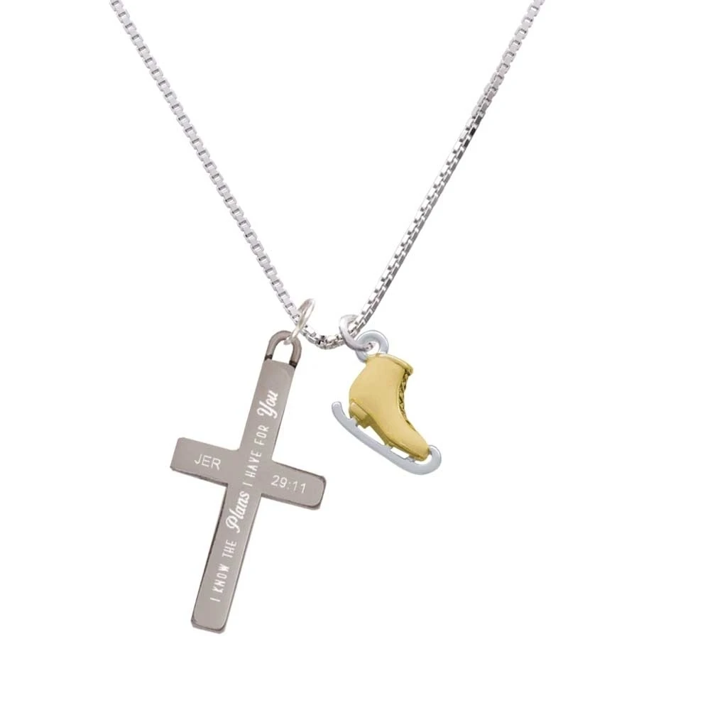 3-D Gold Tone Ice Skate - Plans I Have for You - Cross Necklace