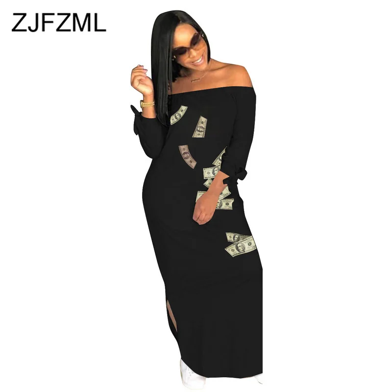 

Off The Shoulder Sexy Plus Size Dress Women Slash Neck Long Sleeve Club Party Dress Casual Double Side Split Backless Maxi Dress