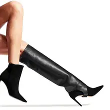 Новинка; сезон осень; женские сапоги золотого, черного цвета; 2 способа; съемные; большие размеры; острый носок; на молнии; на шпильке; короткие ботильоны до колена; тонкие высокие сапоги