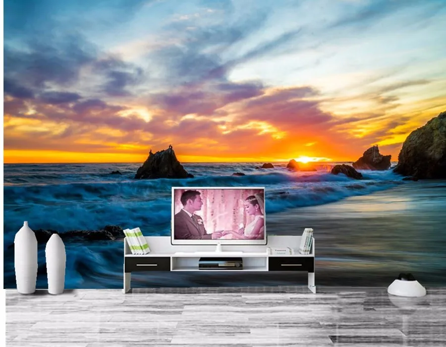 カスタム 3d壁画 海岸日の出と夕日波スカイ岩山自然壁紙 リビング ルーム の ソファ テレビ の壁の壁紙 Wallpaper Beautiful Wall Art For Childrenwallpaper Base Aliexpress
