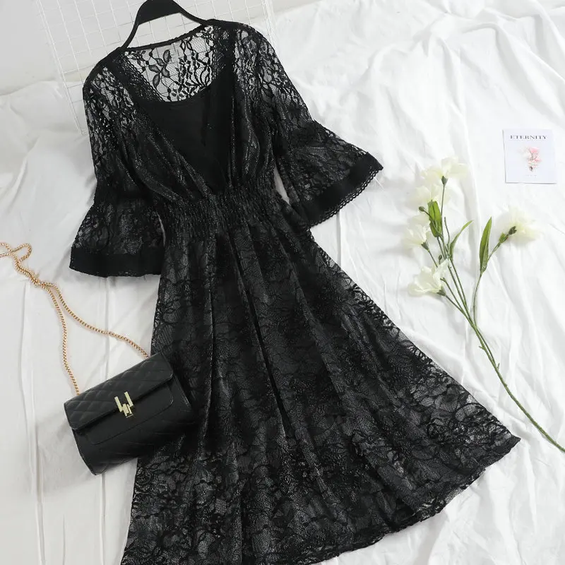 Women Dress 2 шт., женское платье с расклешенными рукавами и v-образным вырезом, повседневное эластичное тонкое Плиссированное кружевное платье с высокой талией, пуловер в цветочек, сетчатая вуаль, платье - Цвет: Women Dress