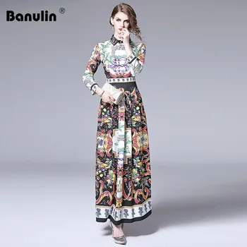 

2019 Spring Summer Fall Runway Luxury Floral Vintage Print Collar Long Sleeve Empire Waist Women Lady Casual A-Line Maxi Dress
