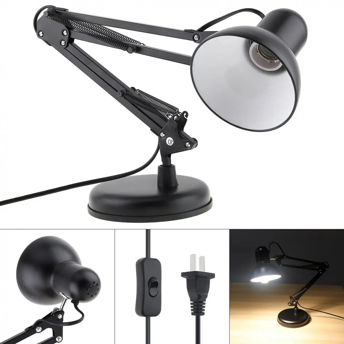  Black Flexible Swing Arm Clamp Mount Desk Lamp with Base and Key Switch Support Bulb for Home / Off