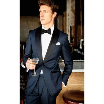 

2020 Custom Made Groom Navy blue men suit Tuxedos Black Shawl Lapel Best Man Groomsmen Mens Wedding Suits ( jacket+Pants+bowtie)