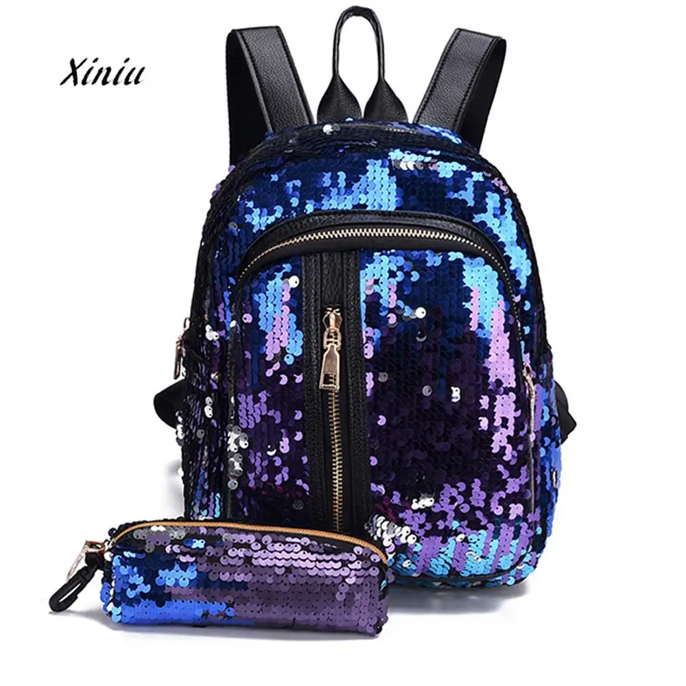 

2018 New Backpack Girls Sequins Fashion School Bag Backpacks Travel Shoulder Bag+Clutch Pouch Sequins Laptop Bags mochila