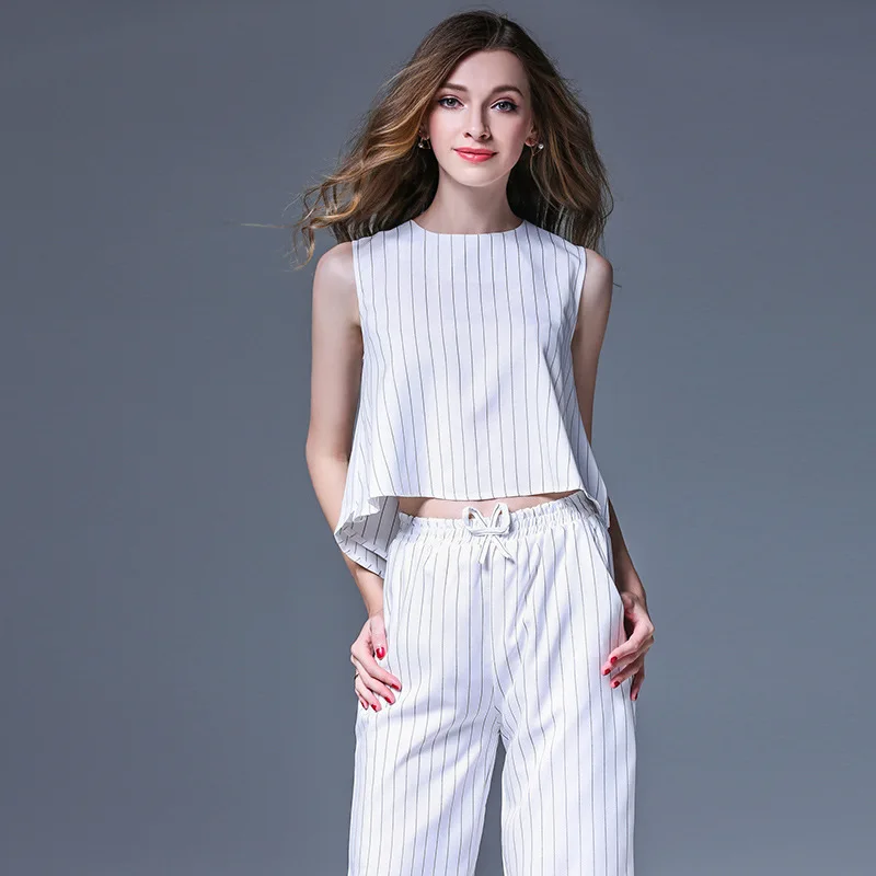 2017 Women Fashion Elegant Casual striped Pant Suits 2 Piece Set Women