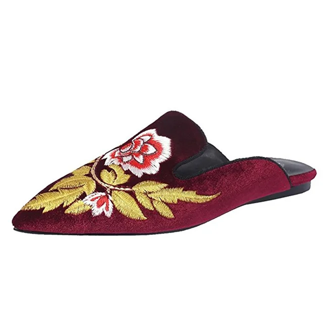 2017 Fashion Pointed Toe Embroidery Flower Mule Women Slippers Flats ...