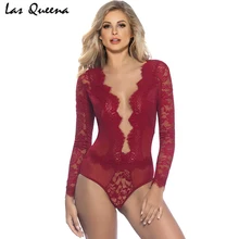 Transparent Lace Sexy Teddy Deep V-Neck Bodysuit Plus Size Floral Long Sleeve Bodysuit Women Teddy Lingerie Female Sexy Teddy black sexy cutout waist criss cross back lace bodysuit teddy