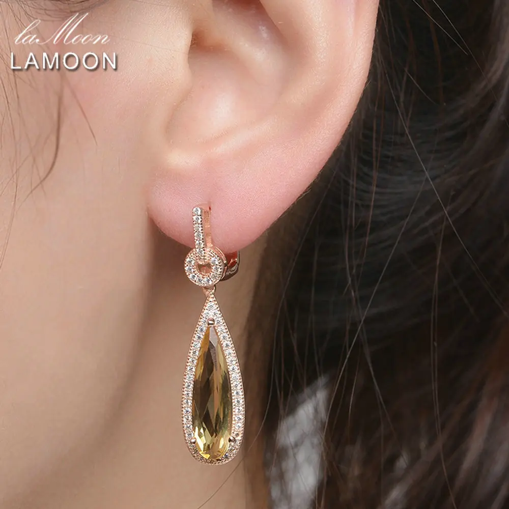 Lamoon Luxury Gemstone Natural Citrine 925 Sterling Silver Drop Earrings S925 Fine Jewelry Rose Gold Plated For Women LMEI024