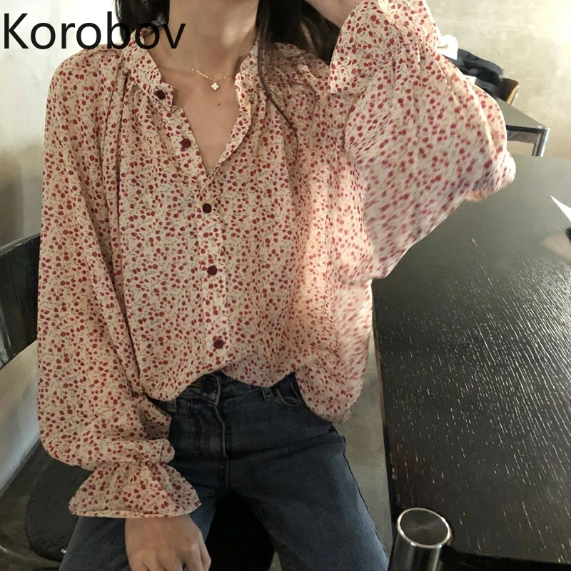 

Korobov Korean Flower Print Women Blouses and Tops Single Breasted V Neck Flare Long Sleeve Shirts Sweet Shirt Femme 77779