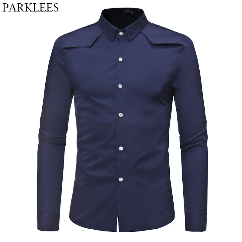 Men's Navy Blue Long Sleeve Shirt 2018 Fashion Unique Shoulder Design