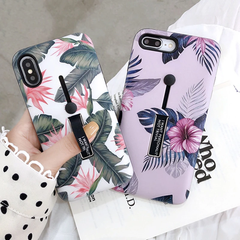 

Beautiful leaves Flower Case For iPhone XS Max XS X Hide Ring Stand Holder Phone Cases For iPhone X 8 7 6 6s Plus PC Back Cover