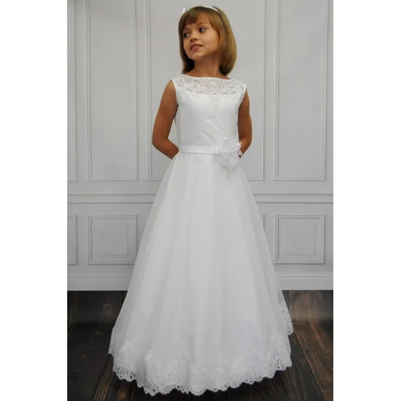 

2019 Gorgeous White Lace Sheer First Communion Dresses for Girls Tulle and Satin Scoop Flower Girl Dresses for Weddings