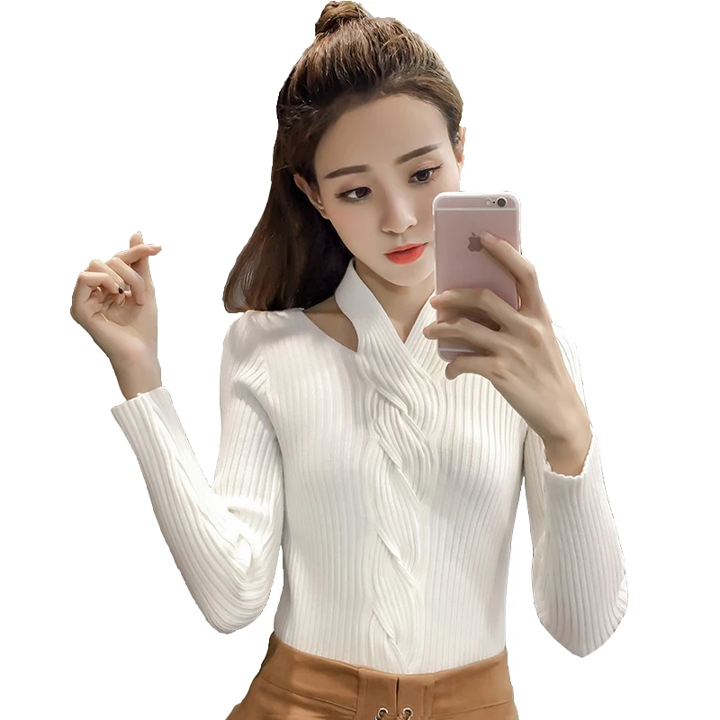 

AmberHeard 2019 Spring Autumn Women Knitted Sweaters Pullover Tops Casual Long Sleeves Halter Slim Jersey Mujers Cashmere Jumper