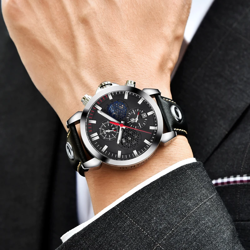 BENYAR Men's Watches Luxury Watches Men Military Watch Leather Quartz Watch Man Clock Chronograph M