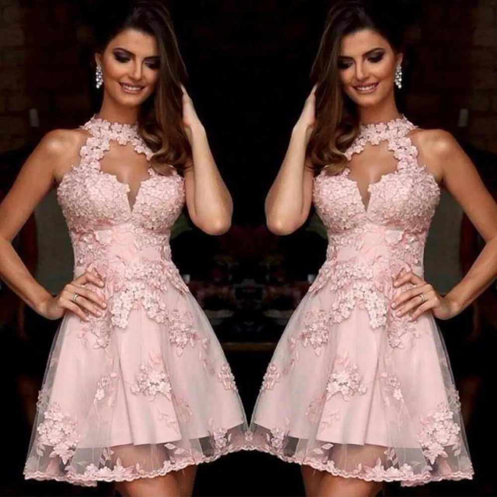 

Elegant Halter Applique Lace Homecoming Dresses 2019 Rose Pink Short Prom Dress 8 Grade Graduation Dresses vestidos de 15 cortos