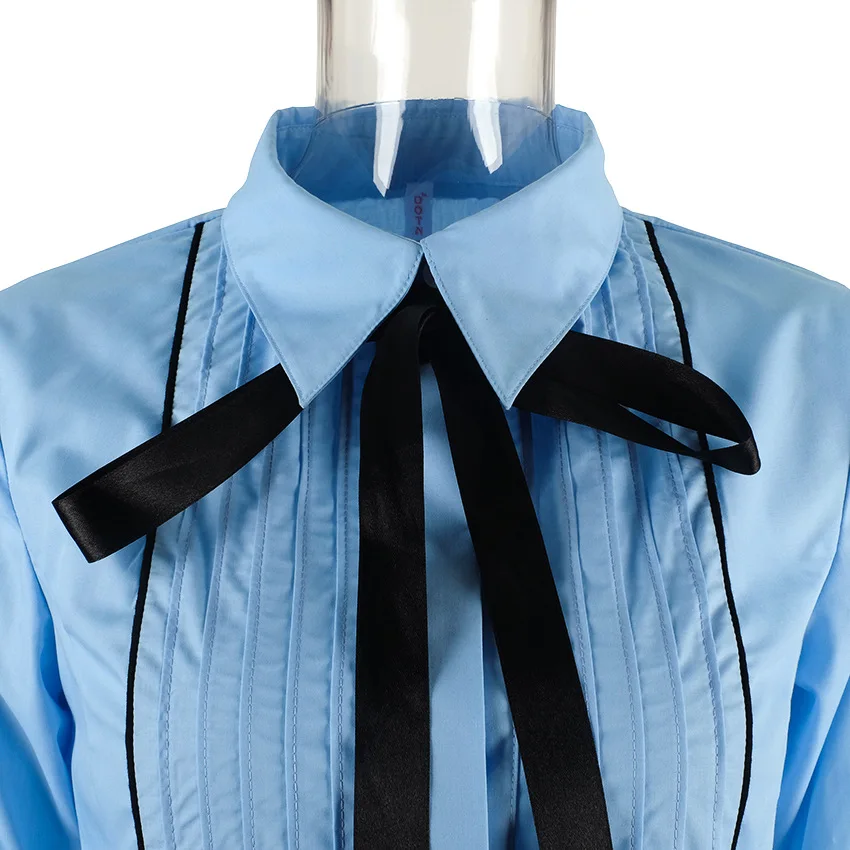 Весенняя модная офисная блуза с галстуком-бабочкой, женская рубашка с рукавом-фонариком и синими пуговицами, женская элегантная Рабочая Рубашка, повседневные топы