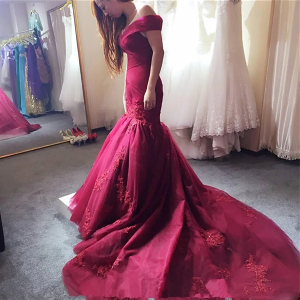 Элегантный бордовый длинное вечернее платье Русалка с открытыми плечами развертки поезд Свадебные платья торжественное платье